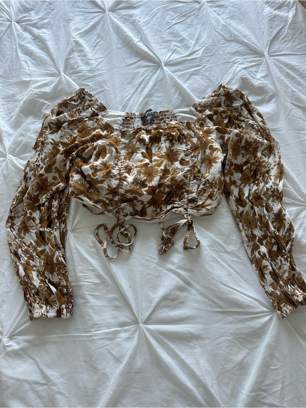 Floral Off-Shoulder Crop Top with Long Sleeves - Brown Floral